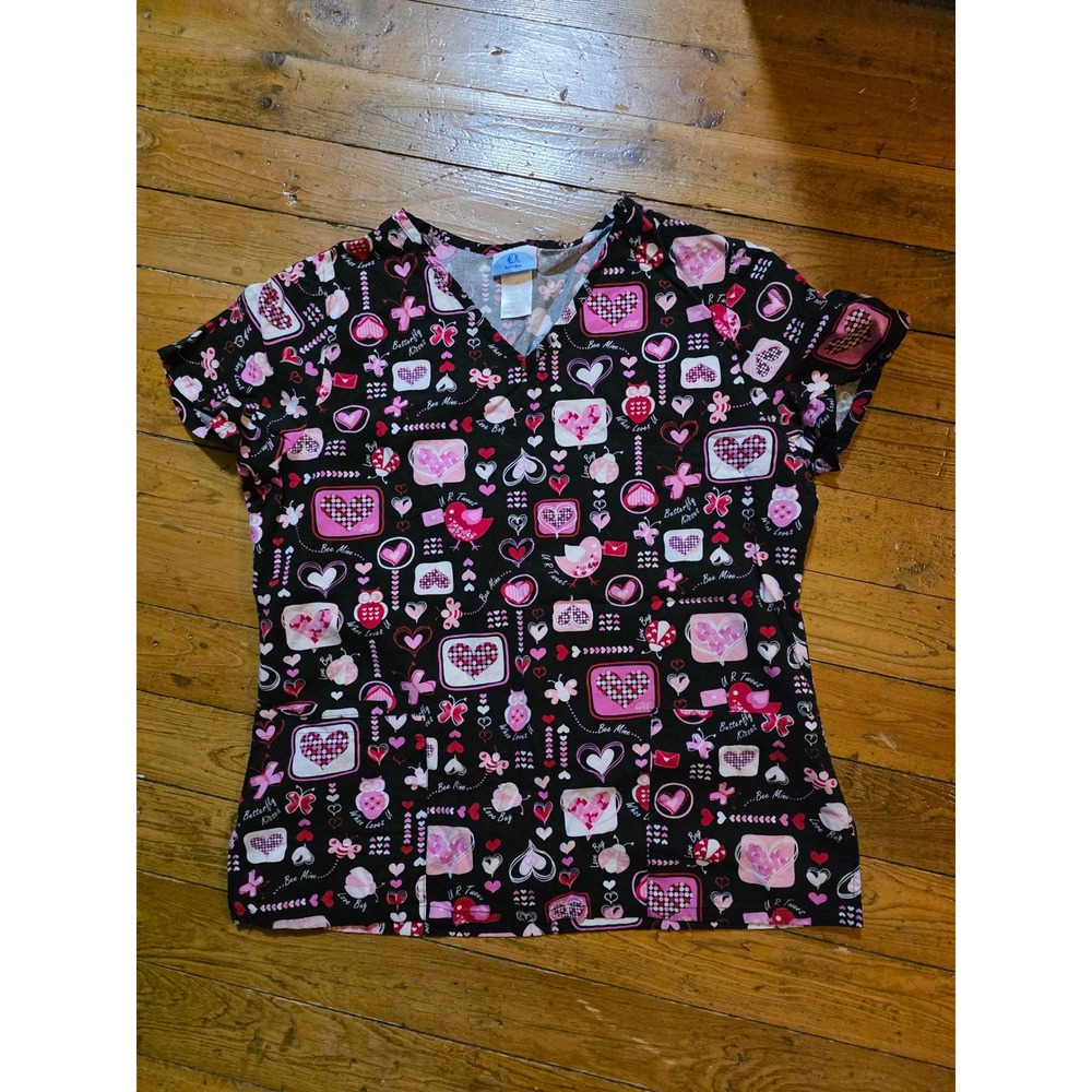 SB Scrubs Valentines Day Heart Owl Print V-Neck Scrub Top Black Pink Medium